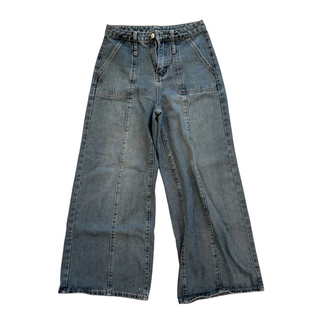 Blue Flare Wide-Leg Jeans with Vintage Wash